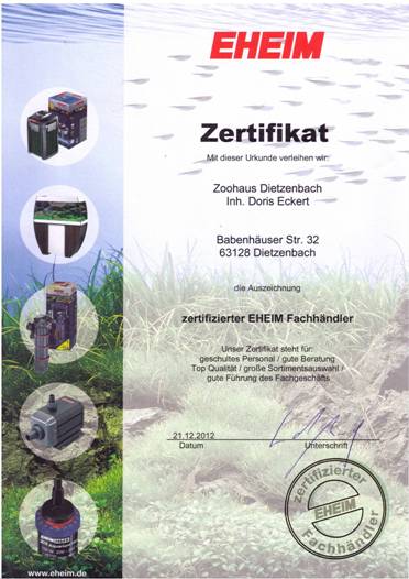 Eheim Zertifikat 2013 für Zoohaus.de